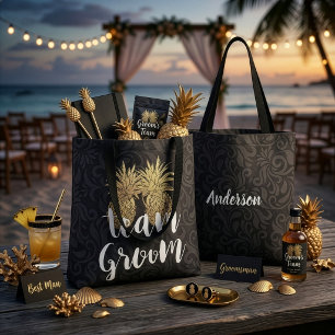 Wedding Team Groom Black Gold Pineapple Couple Tote Bag