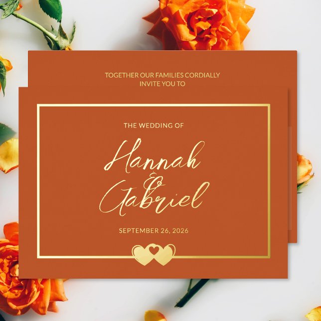 Wedding Terracotta and Gold Foil Invitation (The front and back of the Terracotta Gold Wedding Foil Invitation)