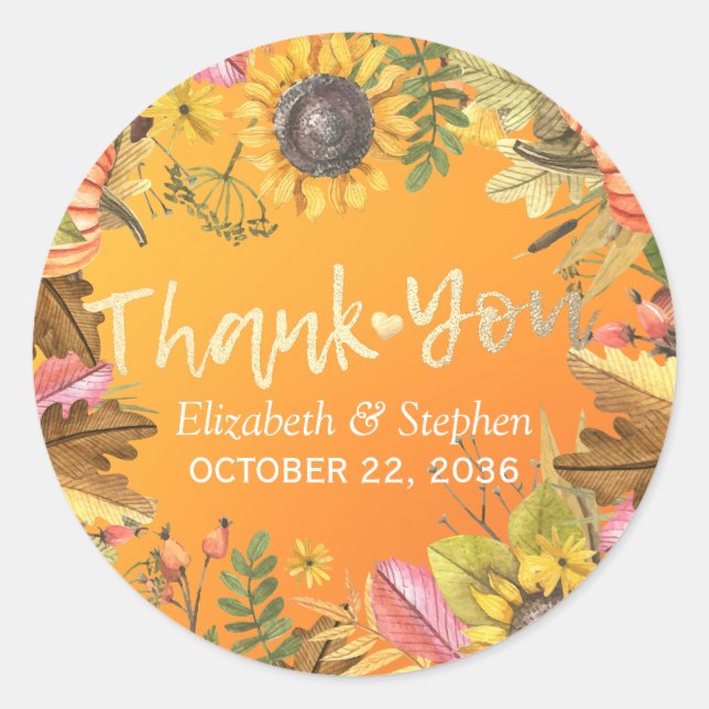 Wedding Thank You Autumn Leaves Pumpkin Sunflowers Classic Round Sticker (Front)