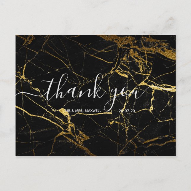 Wedding Thank You | Black Gold Marble Script Postcard (Front)