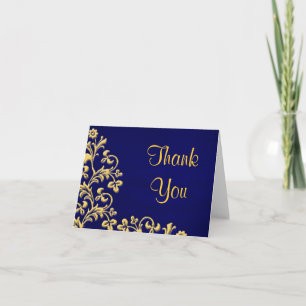 Wedding Thank You blue and gold brocade card