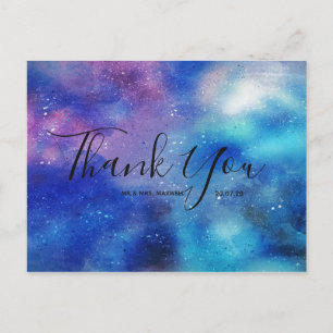 Wedding Thank You Blue Watercolour Script Postcard