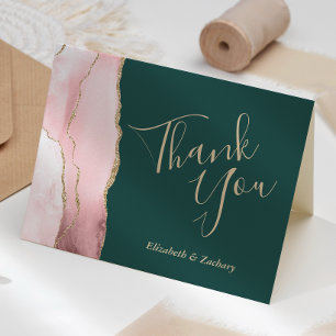 Wedding Thank You Blush Gold Agate Emerald Green Card