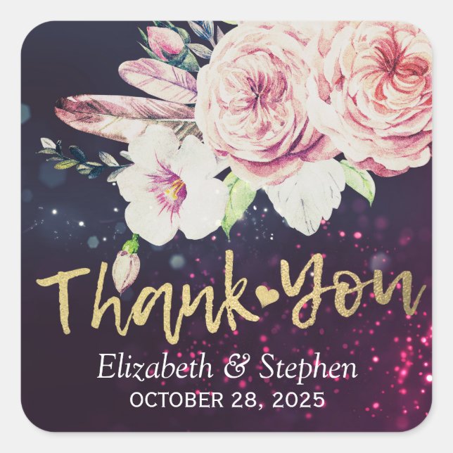 Wedding Thank You Boho Floral Feather Purple Light Square Sticker (Front)