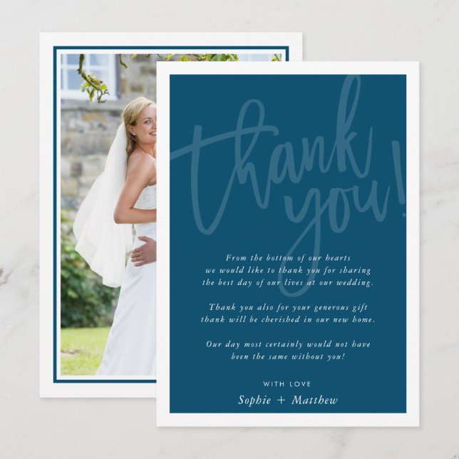 WEDDING THANK YOU brush lettered script dark blue Invitation (Front/Back)