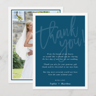WEDDING THANK YOU brush lettered script dark blue Invitation