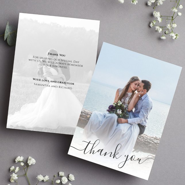 Wedding Thank You Calligraphy 2 Photo (Elegant wedding thank you card with a 2 photo template)