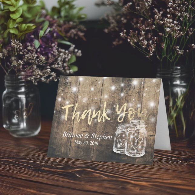 Wedding Thank You Card Rustic Wood Mason Jar Light (Creator Uploaded)