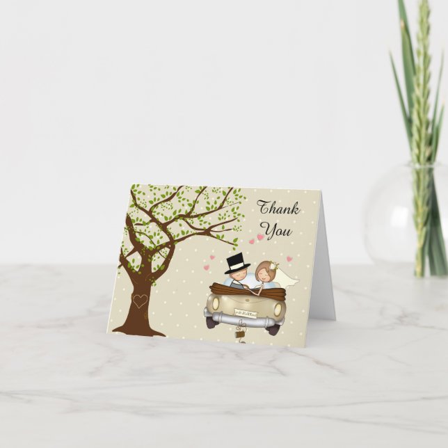 Wedding Thank You Card with Bride and Groom in Car (Front)