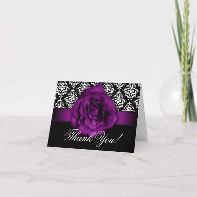 Wedding Thank You Cards Purple Rose Damask (Front)