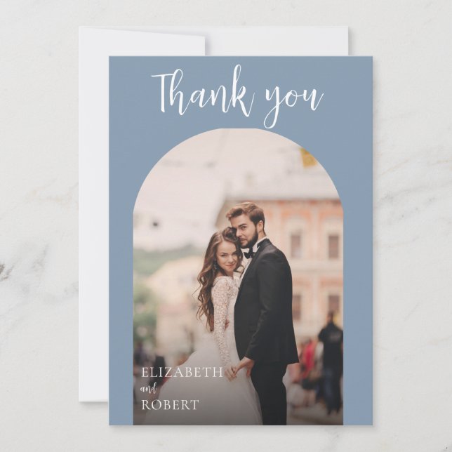 Wedding Thank you Dusty Blue Photo Script Modern Card (Front)