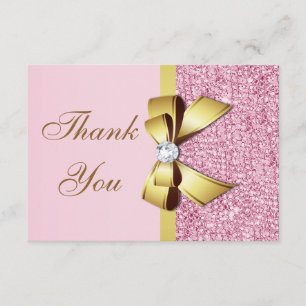 Wedding Thank You Faux Pink Sequins Gold Bow