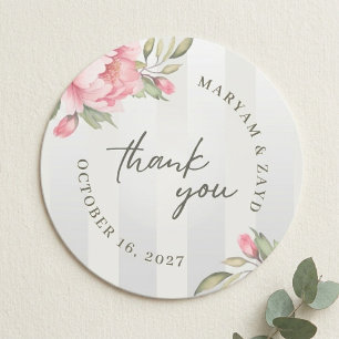 Wedding Thank You Favor   Blush Peony Grey Stripe Classic Round Sticker