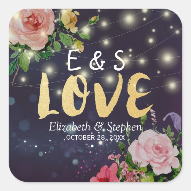 Wedding Thank You Favour Chic Floral Purple Lights Square Sticker (Front)