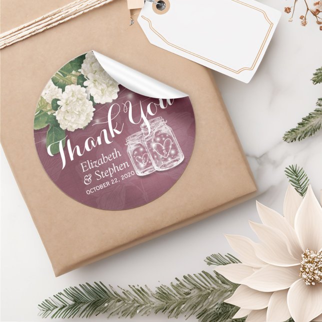 Wedding Thank You Favour Mason Jar Hydrangea Light Classic Round Sticker (Creator Uploaded)