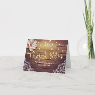 Wedding Thank You Floral String Lights Wood Lace Card