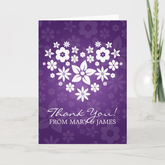 Wedding "Thank you" Flowery Heart Purple Thank You Card (Front)