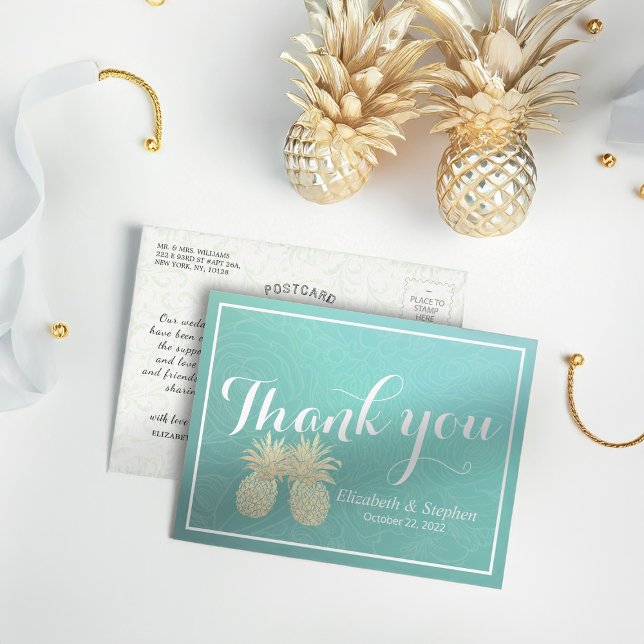 Wedding Thank You Gold Pineapple Couple Teal Roses Postcard (Creator Uploaded)