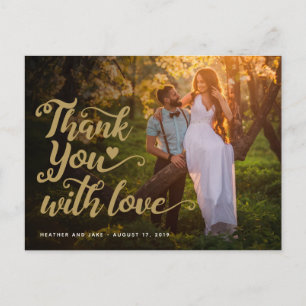 Wedding Thank You   Gold Script Type On Photo Postcard