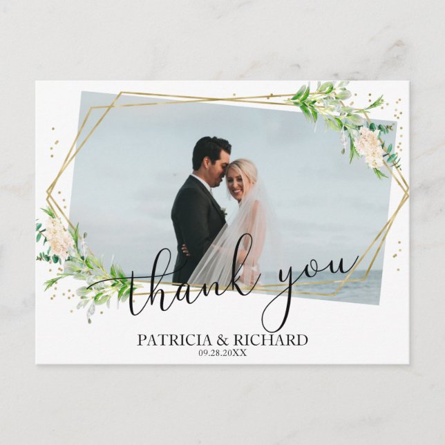 Wedding Thank You Greenery Geometric Photo Postcard (Front)