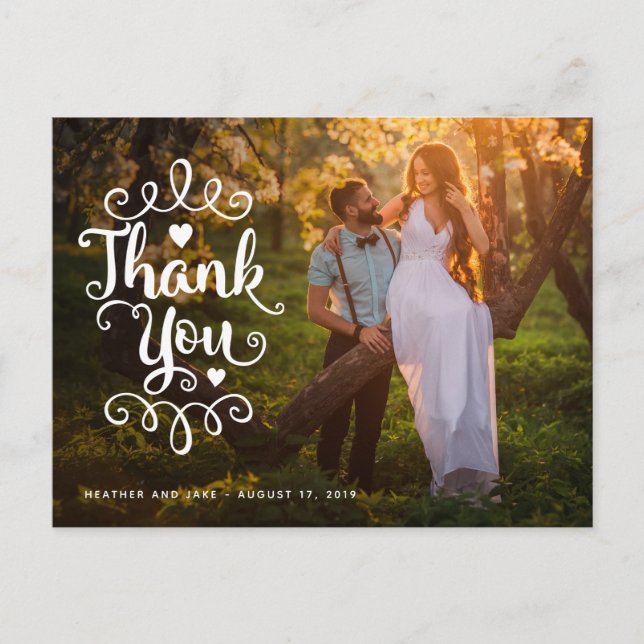 Wedding Thank You | Handwritten Script Over Photo Postcard (Front)