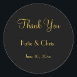 Wedding Thank You in Script Font Classic Round Sticker<br><div class="desc">A wedding thank you sticker in an elegant gold font accented with a black background makes this thank you gift chic and classy.</div>