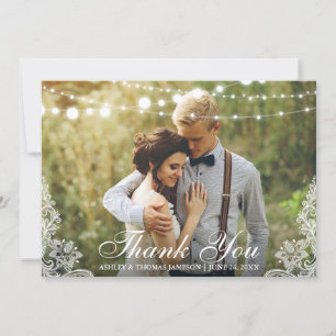 Wedding Thank You Lace and String Lights Photo Card