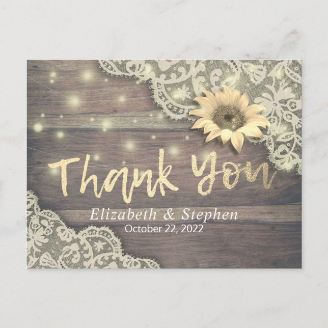 Wedding Thank You Lace Sunflower Rustic Wood Light Postcard (Front)