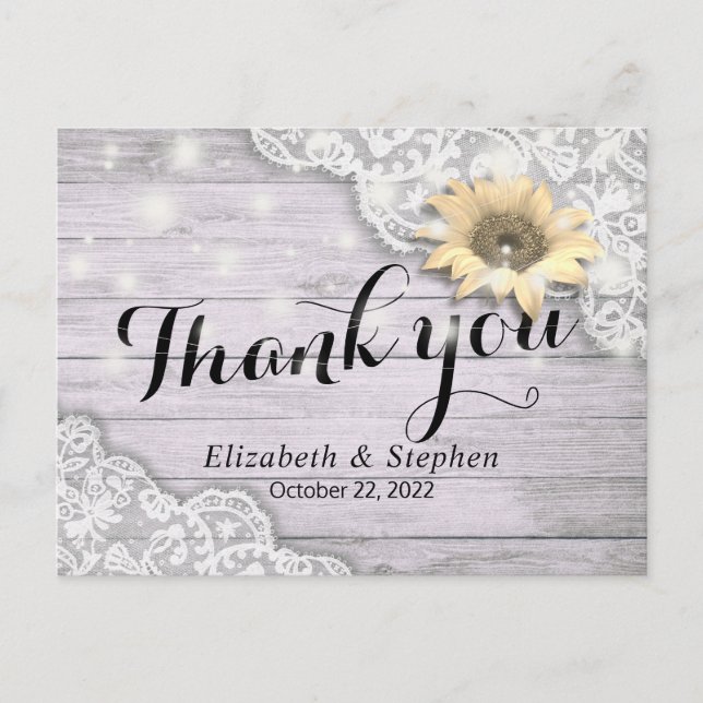 Wedding Thank You Lace Sunflower Rustic Wood Light Postcard (Front)