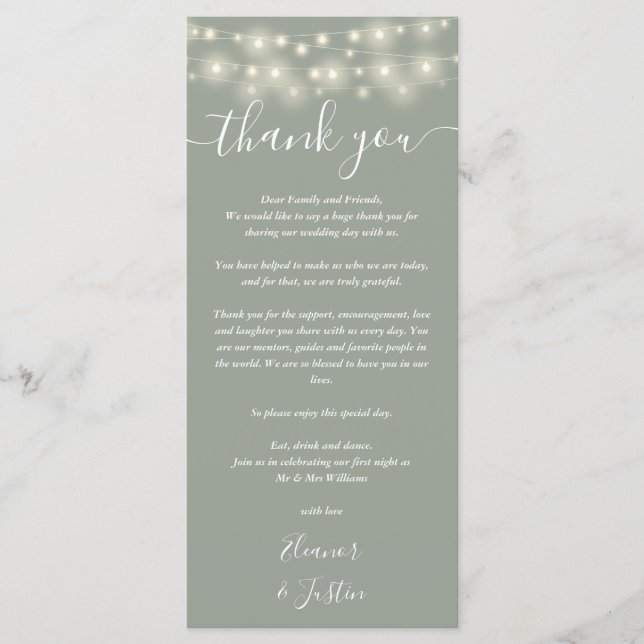 Wedding Thank You Lights Sage Green Place Card (Front)