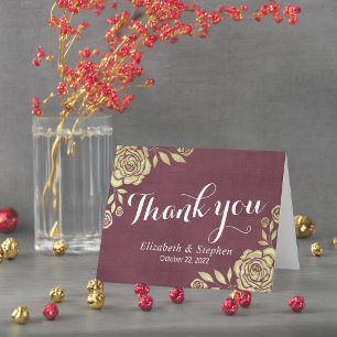 Wedding Thank You Modern Golden Roses Burgundy Red