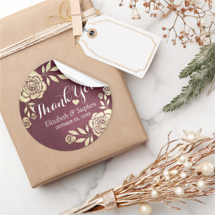 Wedding Thank You Modern Golden Roses Burgundy Red Classic Round Sticker