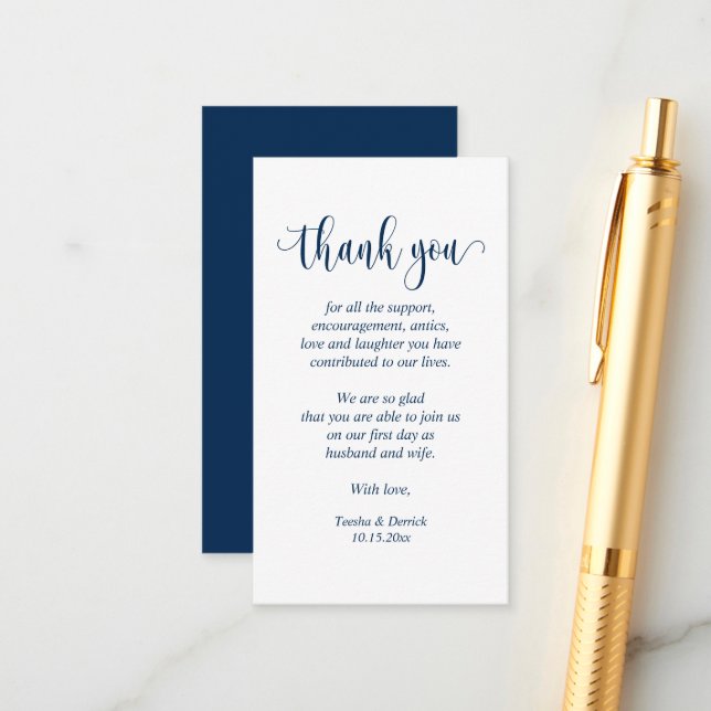Wedding Thank you, Modern Script, Classy Navy Blue Enclosure Card (Front/Back In Situ)