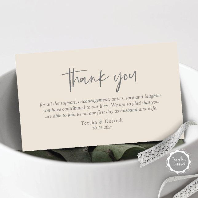 Wedding Thank you, Modern Simple Script Enclosure  Card (Wedding Thank you card, in modern casual script, dark grey and cream design)