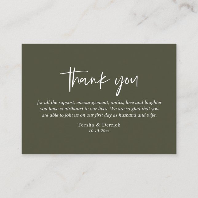 Wedding Thank you, Modern Simple Script, Olive Enclosure Card (Front)