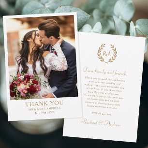 Wedding Thank You Monogram Photo Gold White Card