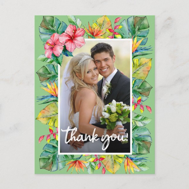 Wedding Thank You | Photo with Tropical Border Postcard (Front)