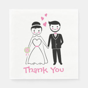 Wedding Thank You Pink Black Cartoon Bride Groom Napkin
