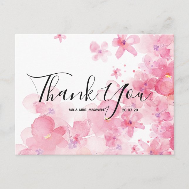 Wedding Thank You Pink Watercolour Script Postcard (Front)
