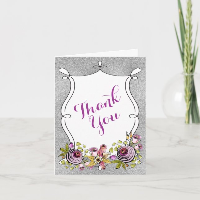 Wedding Thank You | Plum Florals, FAUX Silver Foil (Front)
