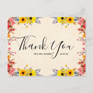 Wedding Thank You Romantic Floral Script Postcard