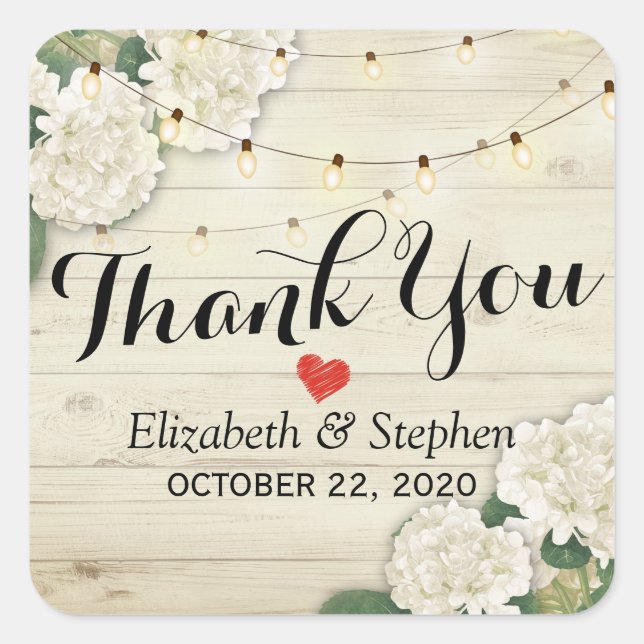 Wedding Thank You Rustic Wood Floral String Lights Square Sticker (Front)