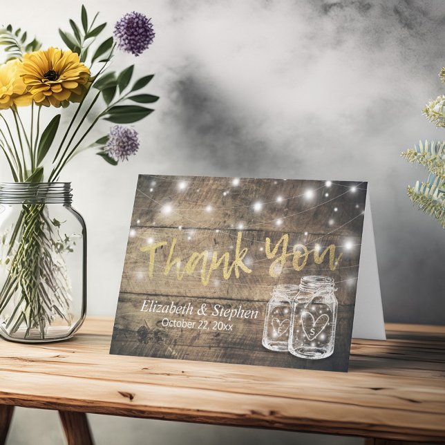 Wedding Thank You Rustic Wood Mason Jar Lights Card (Creator Uploaded)