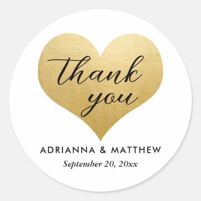 Wedding Thank You Script Faux Gold Foil Heart  Classic Round Sticker (Front)