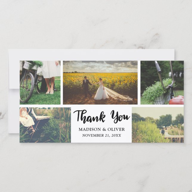 Wedding Thank You Script Five Photo Collage Card (Front)