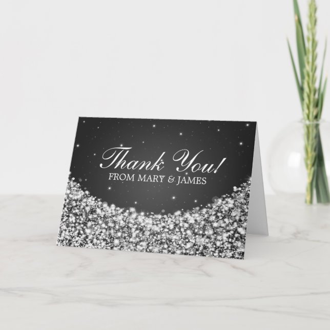 Wedding "Thank you" Star Sparkle Black Thank You Card (Front)