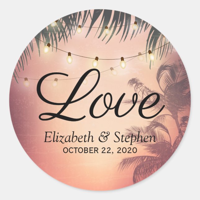 Wedding Thank You Summer Palm Trees String Lights Classic Round Sticker (Front)