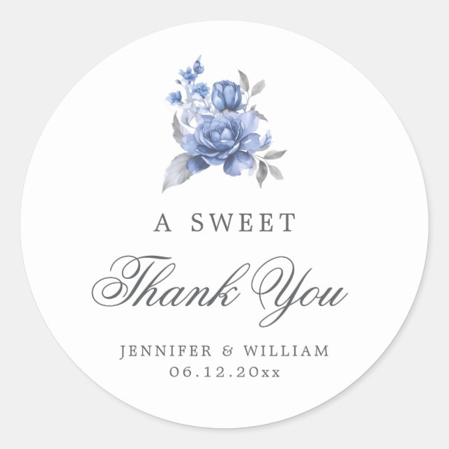 Wedding Thank You Sweet Dusty Blue Rustic Floral  Classic Round Sticker (Front)