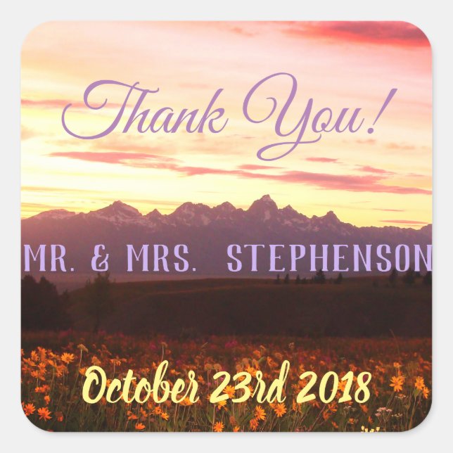 Wedding Thank you tetons purple and wildflowers Square Sticker (Front)