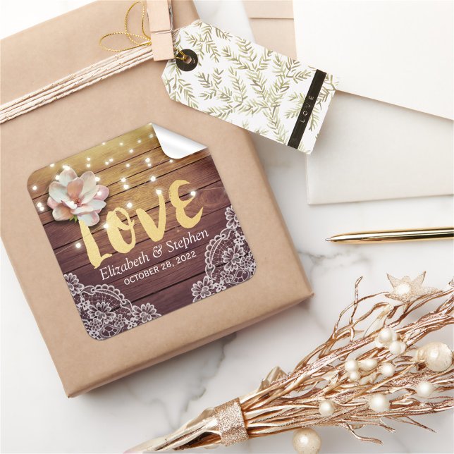 Wedding Thank You Wood Floral String Lights Lace Square Sticker (Creator Uploaded)